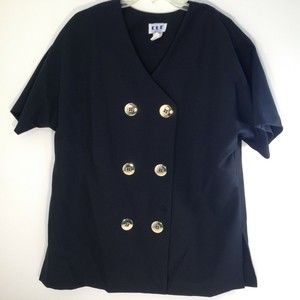 Vintage CUE Top Satin Poly Formal Black w/ Big Button Design Sz L Made in USA